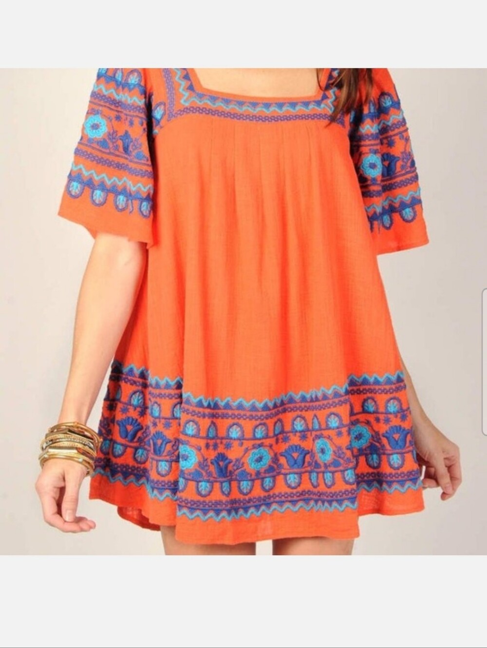 Ivy Jane Embrodiered Dress Large Orange Blue Boho